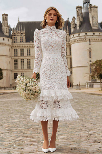 High Neck Ruffled Ivory Midi Lace Engagement Dress